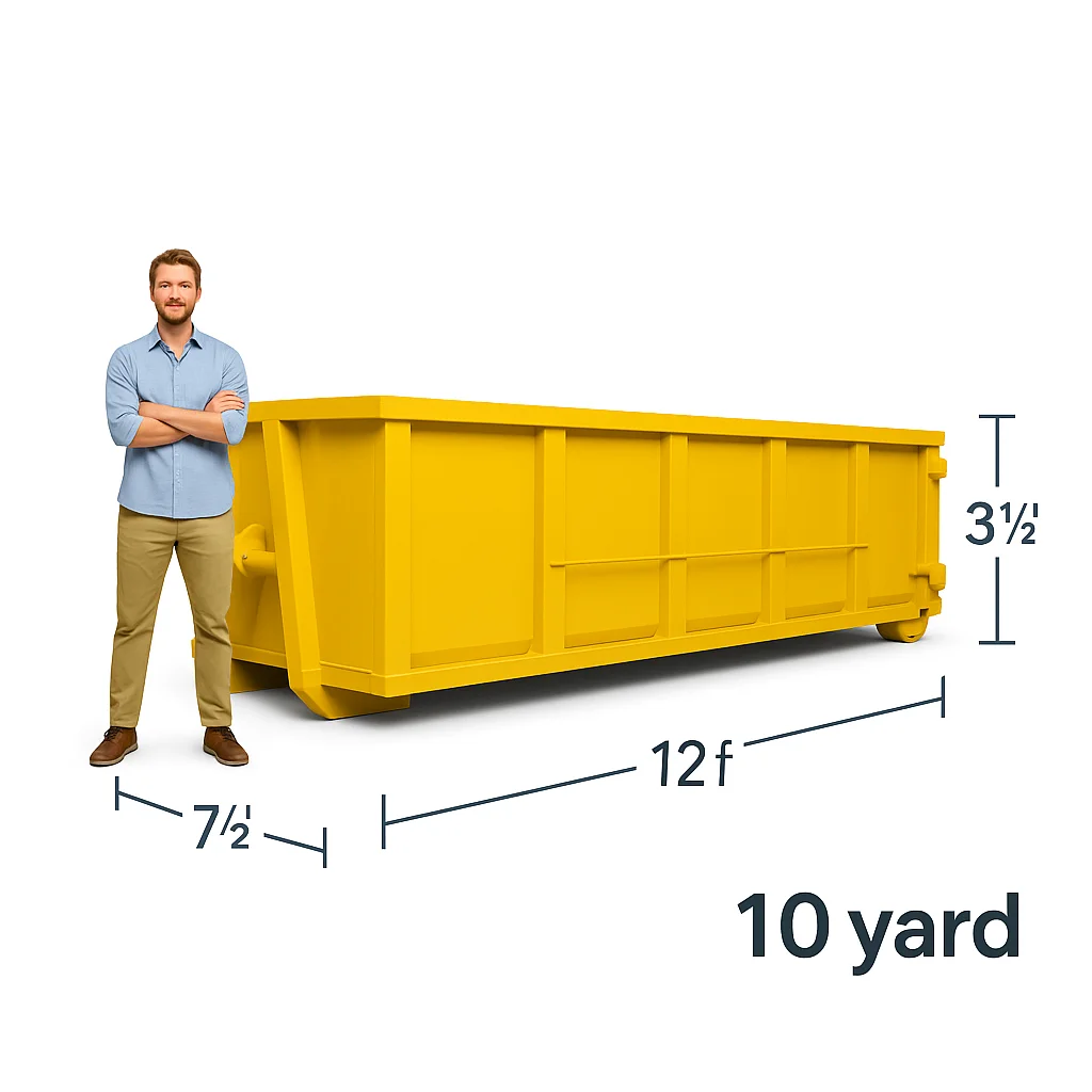 A man standing in front of 10 yard dumpster 