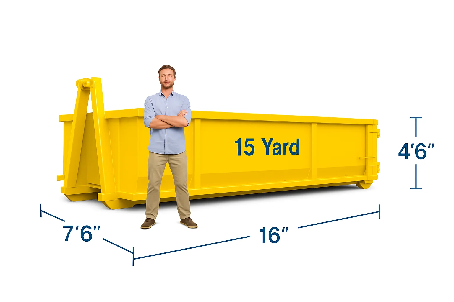 A man standing in front of 15 yard dumpster 