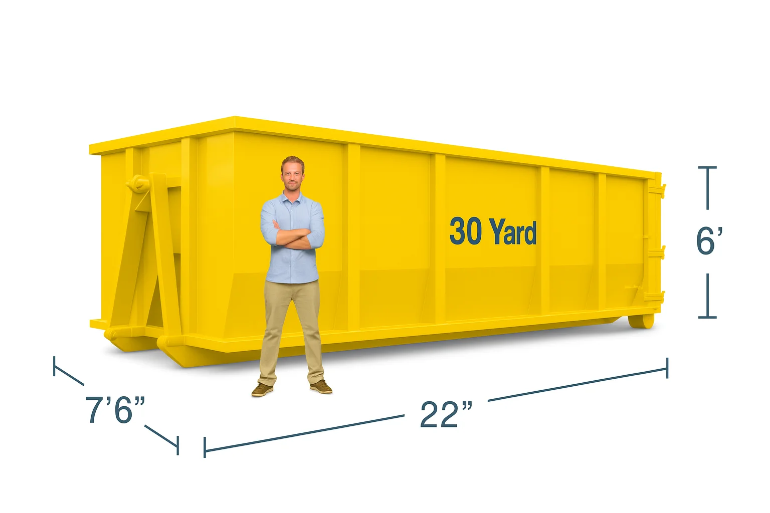 A man standing in front of 30 yard dumpster 