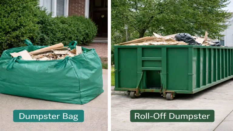Dumpster bags vs roll-off dumpsters shown side by side on a residential driveway