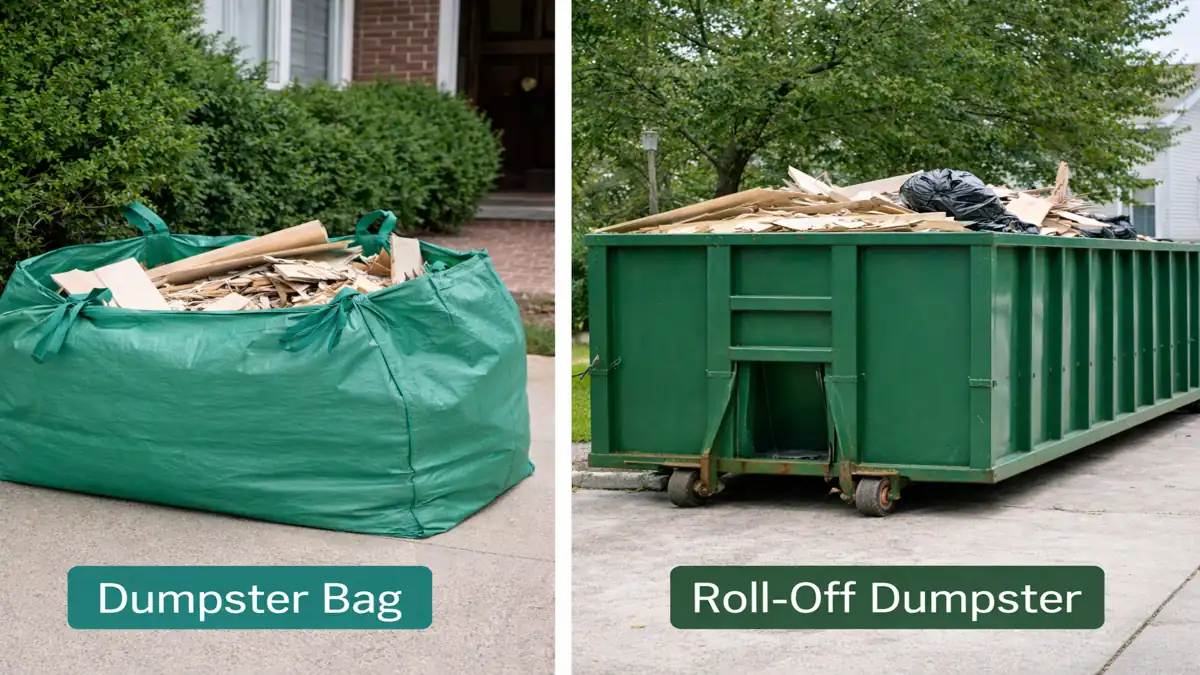 Dumpster bags vs roll-off dumpsters shown side by side on a residential driveway