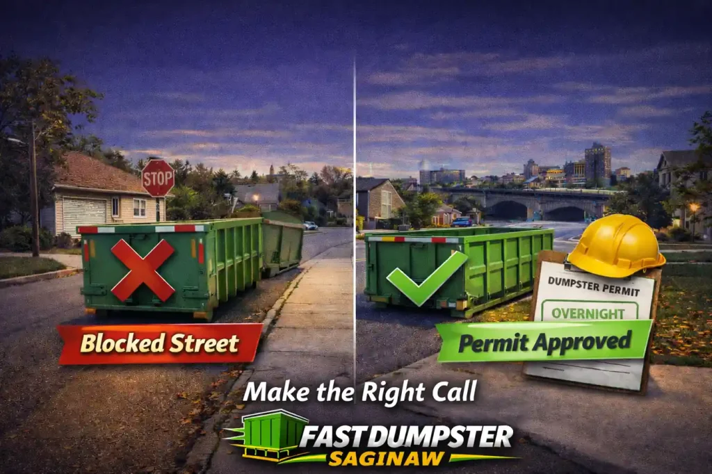 Dumpster placement comparison showing blocked street vs permit approved dumpster rental in Saginaw
