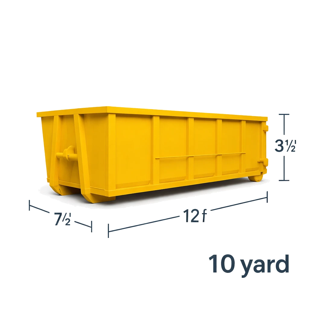 10 yard dumpster rental shown with size dimensions for driveway projects