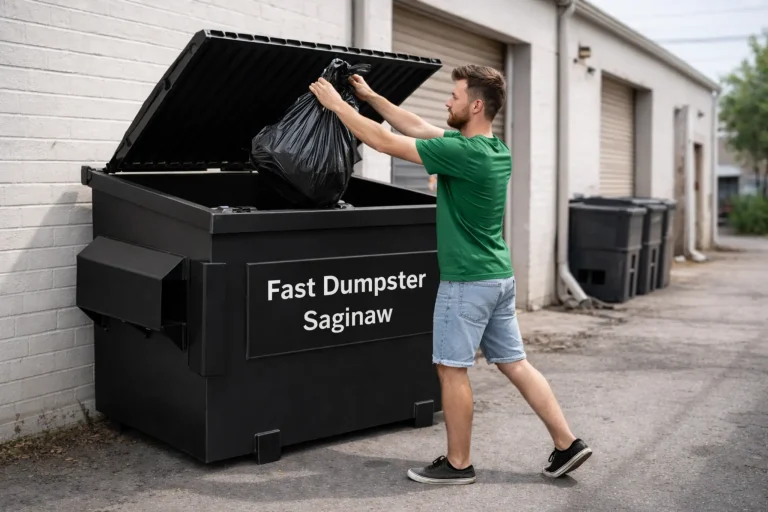 A man throwing trash into a front load commercial dumpster provided by Fast Dumpster Saginaw.