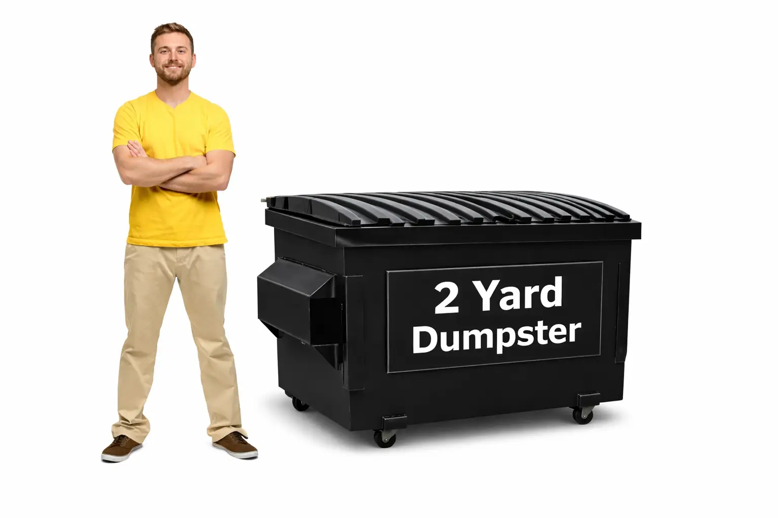 Man standing next to a 2 yard commercial dumpster rental in Saginaw for small business waste needs.