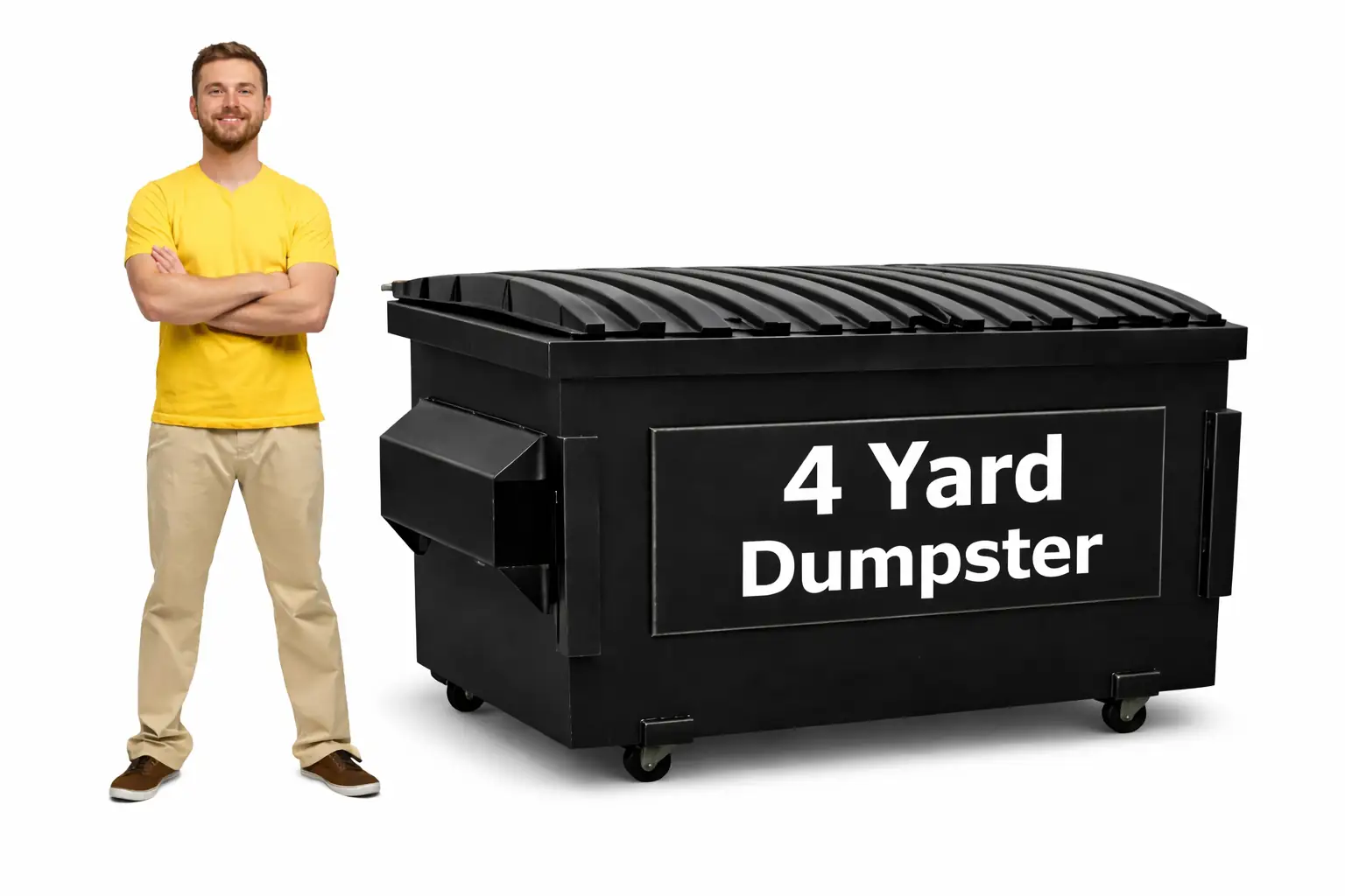 Business owner beside a 4 yard commercial dumpster for retail and office trash.