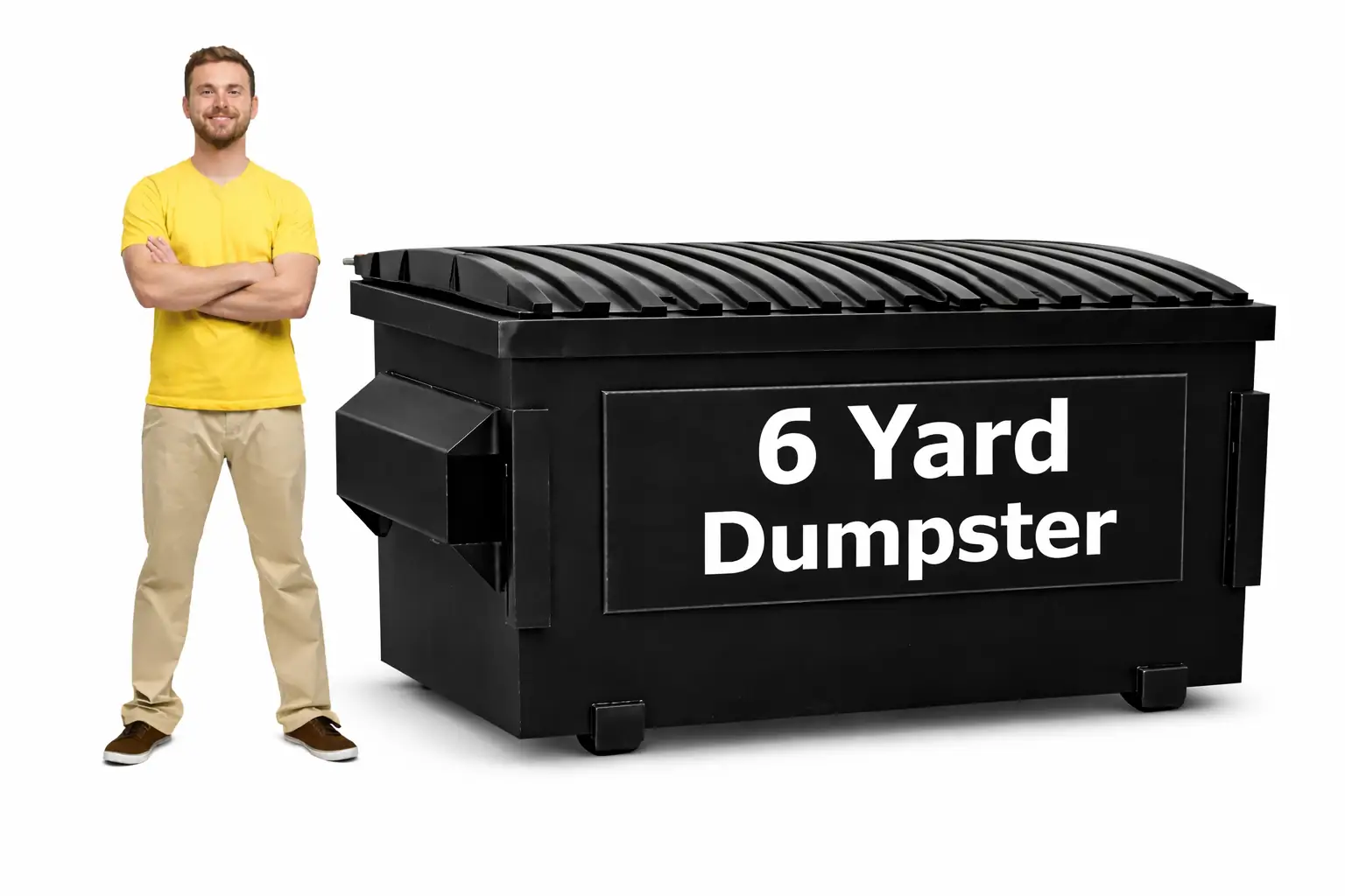 Man standing next to a 6 yard commercial dumpster used by restaurants and busy businesses.