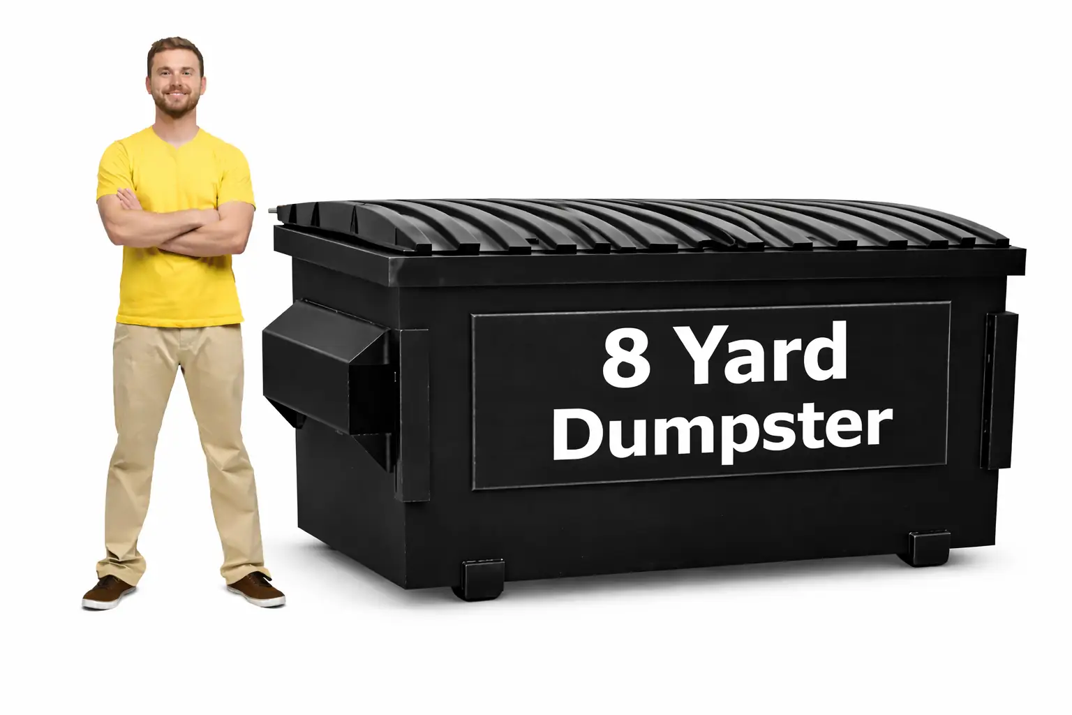 Business owner beside an 8 yard commercial dumpster rental in Saginaw for high-volume waste removal.