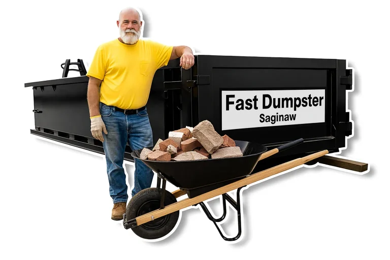 Black construction dumpster rental in Saginaw with masonry debris and job site worker