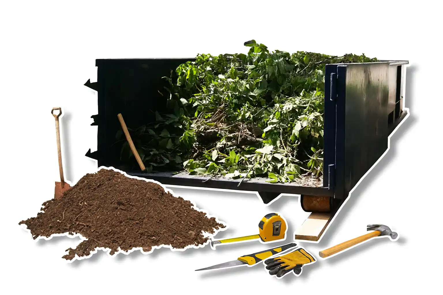 Roll off dumpster for landscaping and yard debris with soil and tools on site