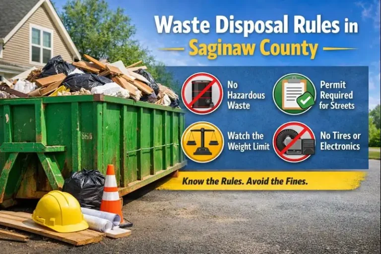 Waste disposal rules in Saginaw County showing a roll off dumpster with allowed and restricted waste items, permit requirements, and weight limit guidelines.