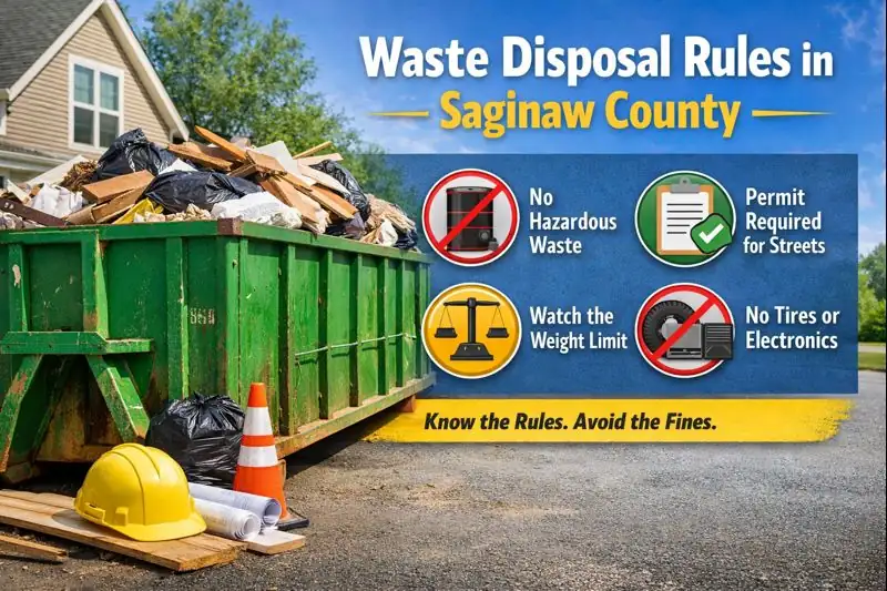 Waste disposal rules in Saginaw County showing a roll off dumpster with allowed and restricted waste items, permit requirements, and weight limit guidelines.